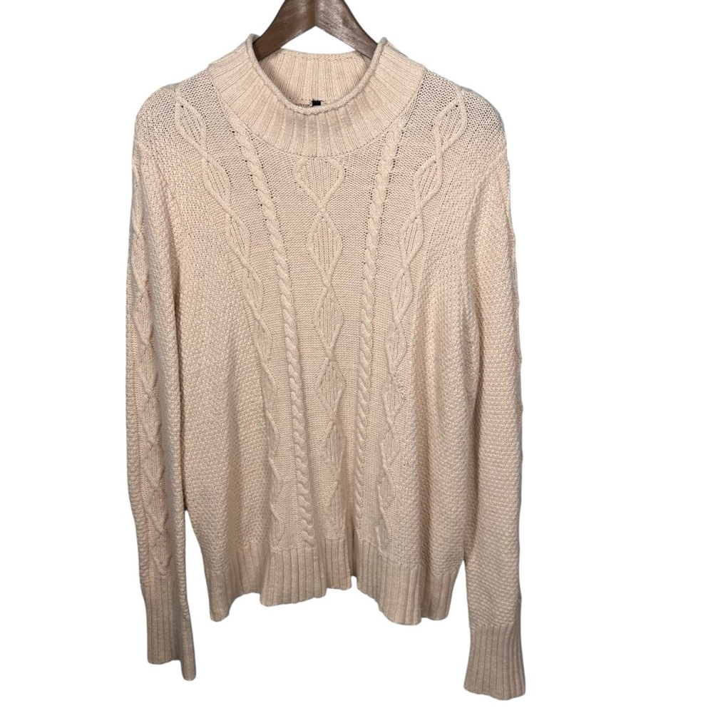 Kuhl Womens Fisherman Sweater Sz L‎ Cable Knit Roll Neck Heritage Cream Pink